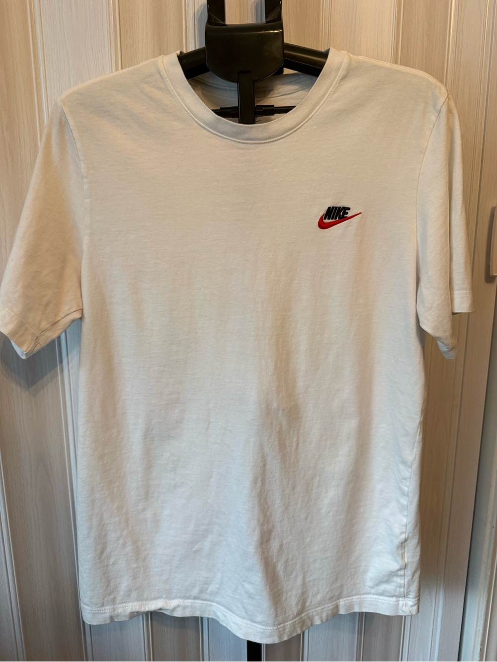 Nike White Short-Sleeve Crewneck Tee with Red Swoosh